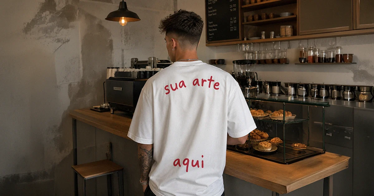 Camiseta sua arte aqui: desenho do cliente estampado em DTF na malha Menegotti